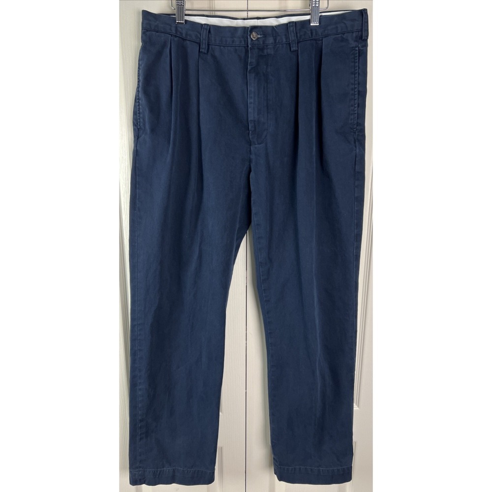 Polo Ralph Lauren Mens Cotton Pleated Pants Actual 36x30 1/2 Navy Blue Chino D27